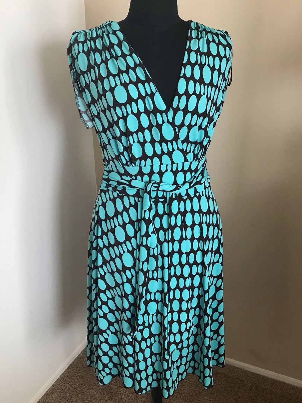 Love Tease Dark Brown & Turquoise Dress Polka Dot Size L juniors Sash Tie V neck